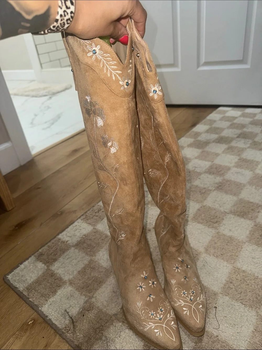 Embroidered Over-the-Knee Suede Boots in Tan